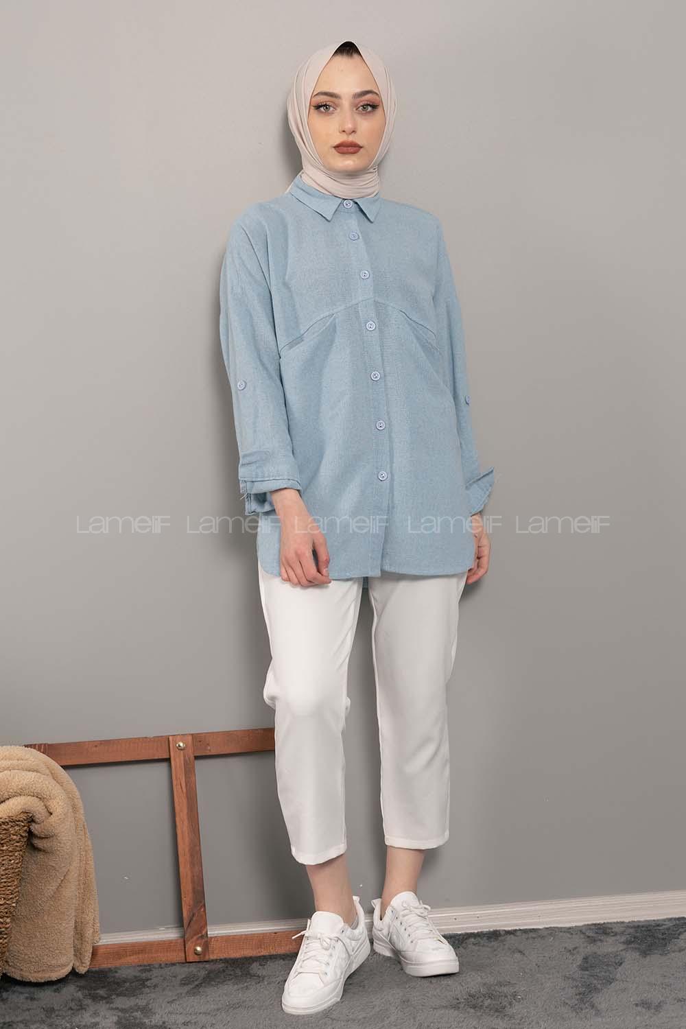 Modalamelif Asimetrik Cepli Yıkamalı Gömlek Açık Mavi
