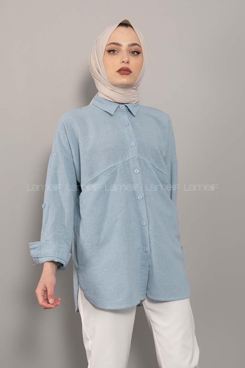 Modalamelif Asimetrik Cepli Yıkamalı Gömlek Açık Mavi