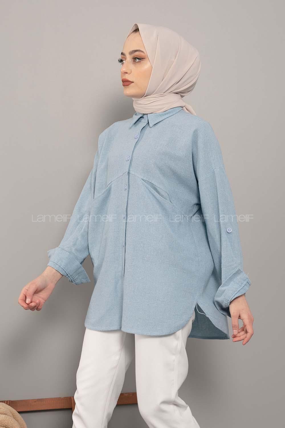 Modalamelif Asimetrik Cepli Yıkamalı Gömlek Açık Mavi