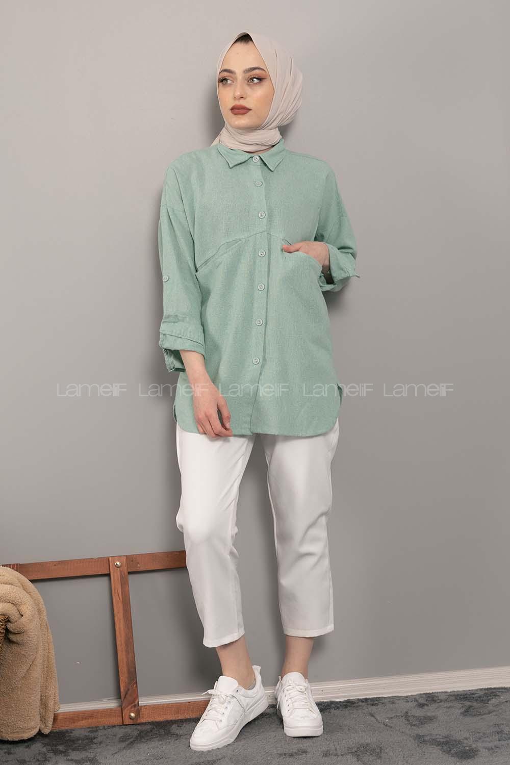 Modalamelif Asimetrik Cepli Yıkamalı Gömlek Çağla Yeşili