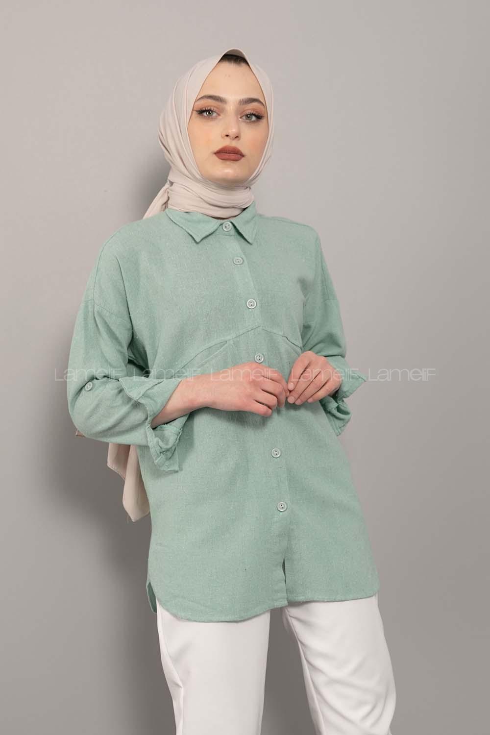 Modalamelif Asimetrik Cepli Yıkamalı Gömlek Çağla Yeşili