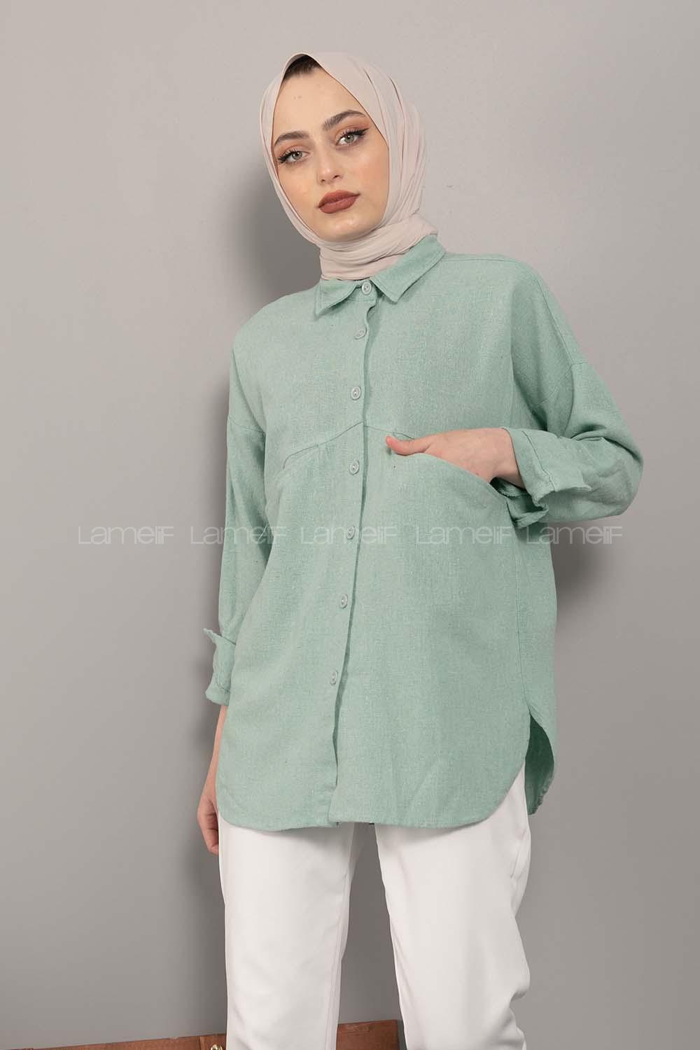 Modalamelif Asimetrik Cepli Yıkamalı Gömlek Çağla Yeşili