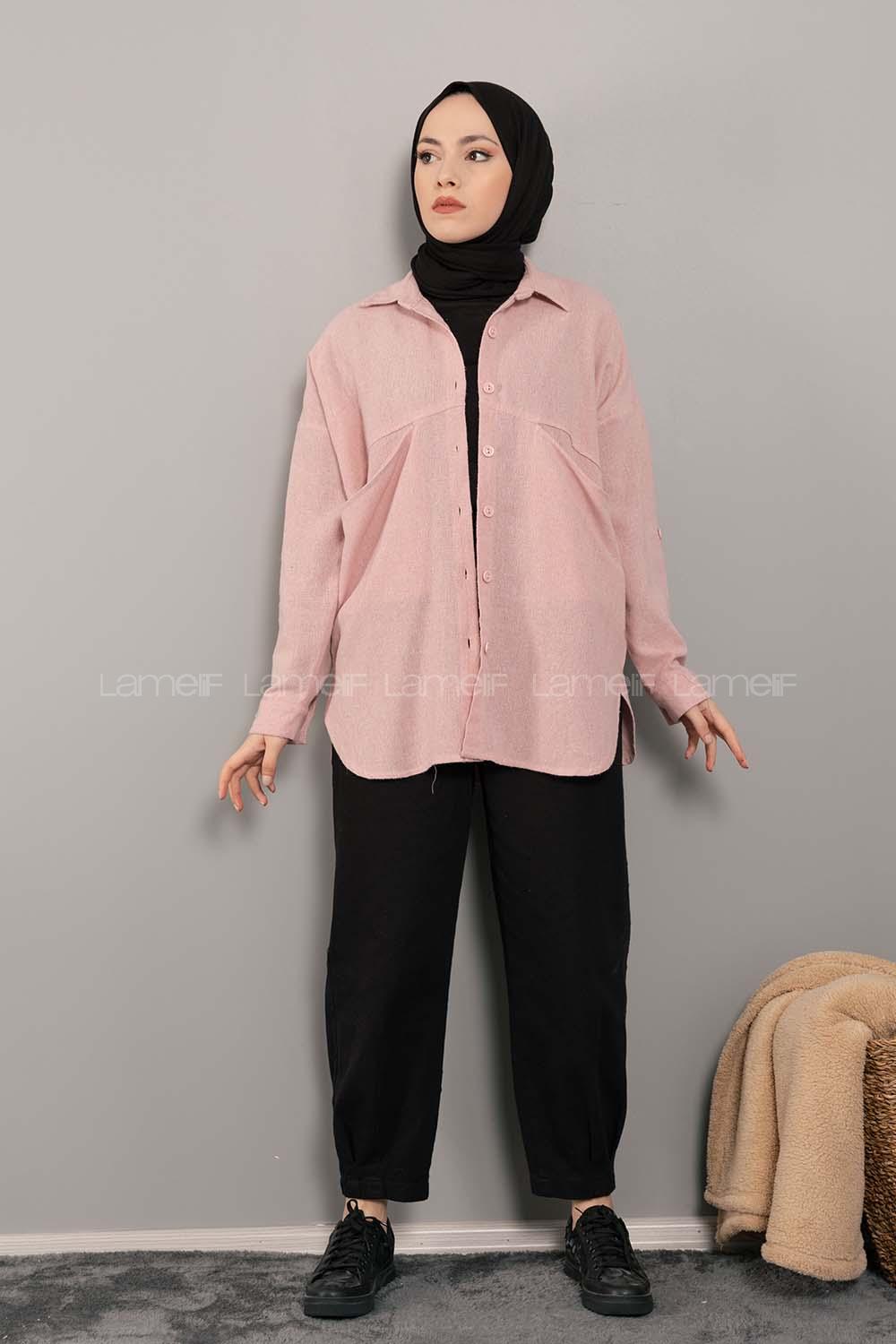 Modalamelif Asimetrik Cepli Yıkamalı Gömlek Pudra