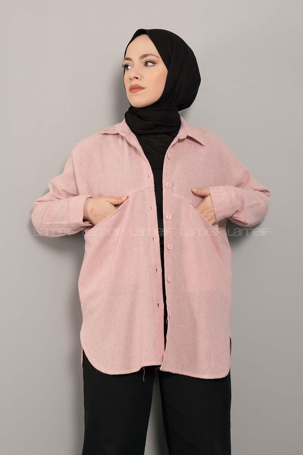 Modalamelif Asimetrik Cepli Yıkamalı Gömlek Pudra