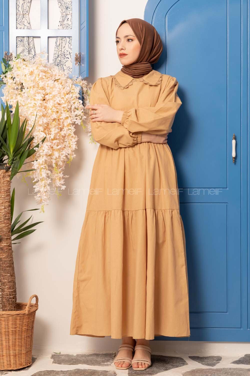 Modalamelif Bebe Yaka Kol Lastikli Elbise Camel