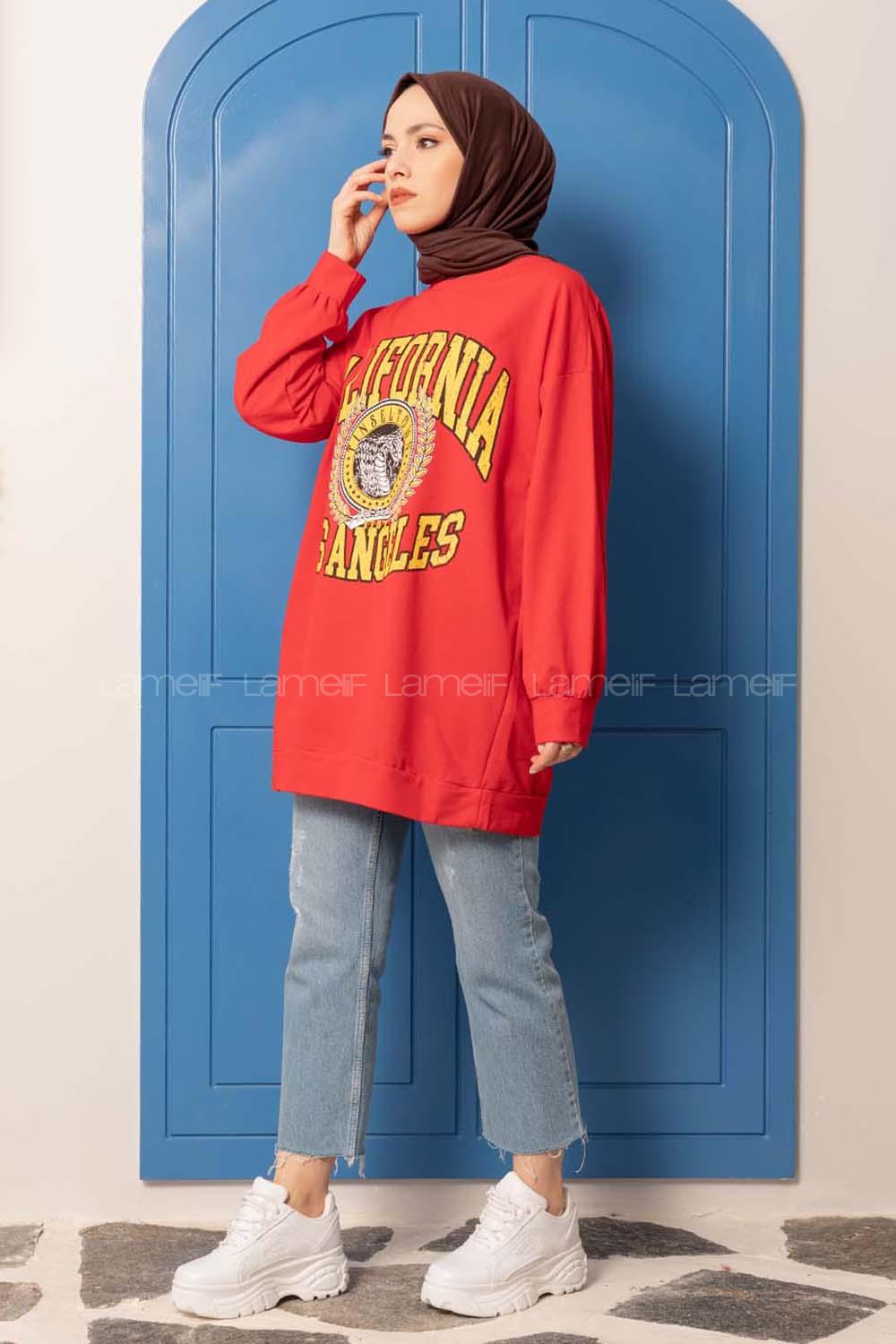 Modalamelif California Los Angeles Baskılı Tunik Kırmızı