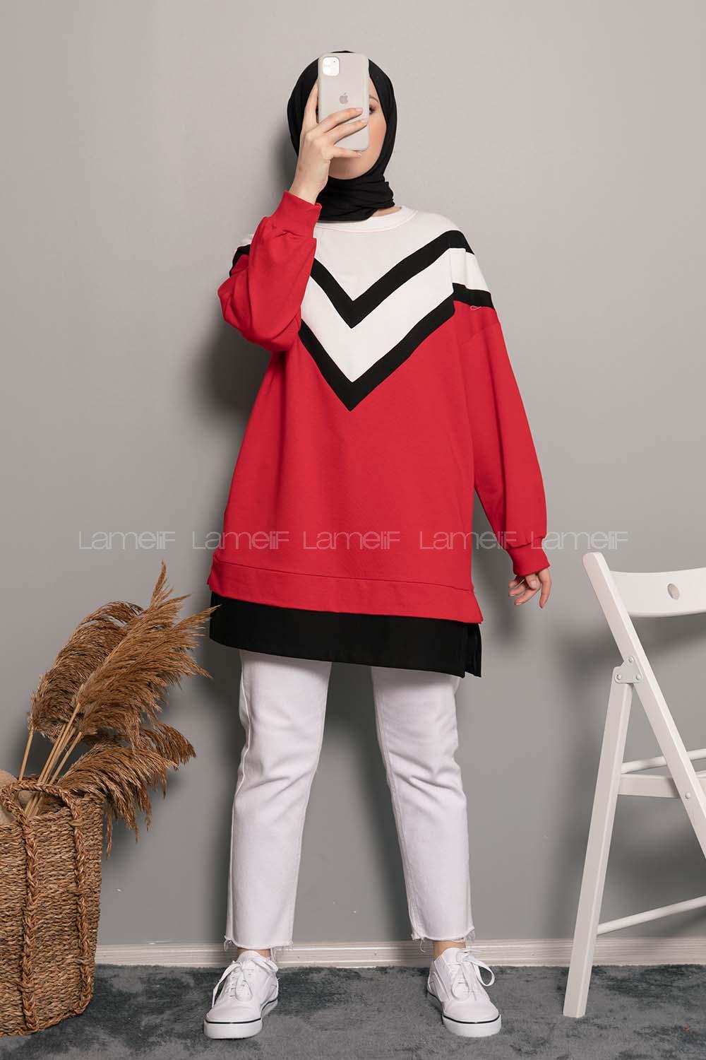 Modalamelif Etek Ucu Garnili Swatshirt Kırmızı