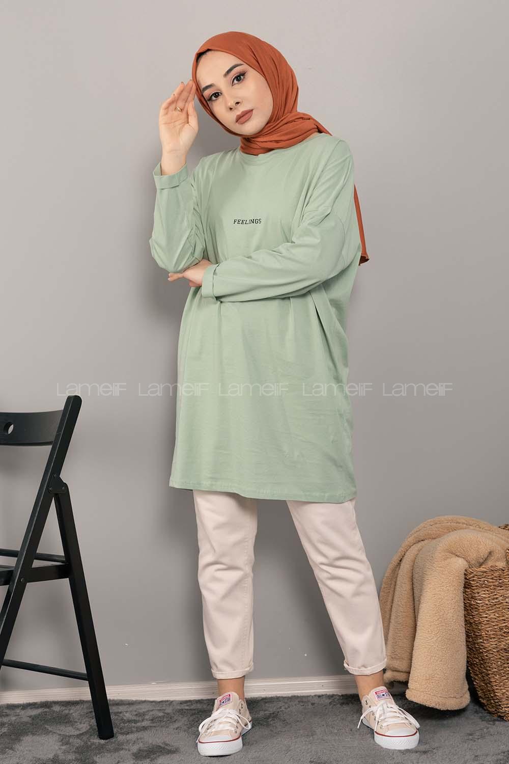 Modalamelif Feelings Yazı Baskılı Tunik Çağla Yeşili