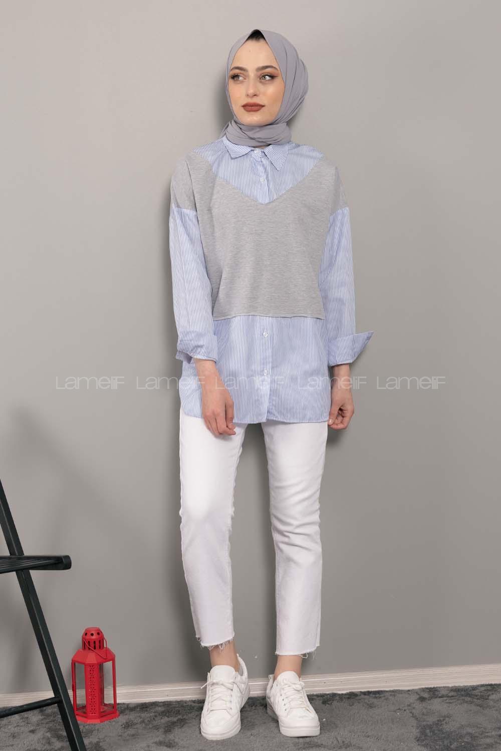 Modalamelif Garnili Çizgili Gömlek Açık Mavi