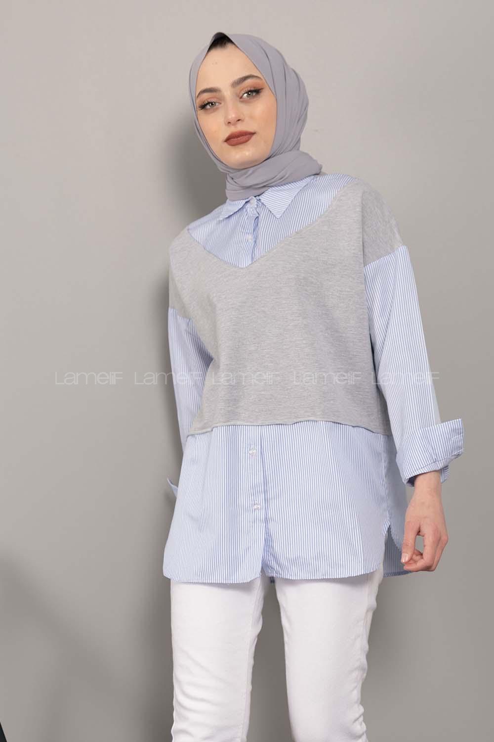 Modalamelif Garnili Çizgili Gömlek Açık Mavi