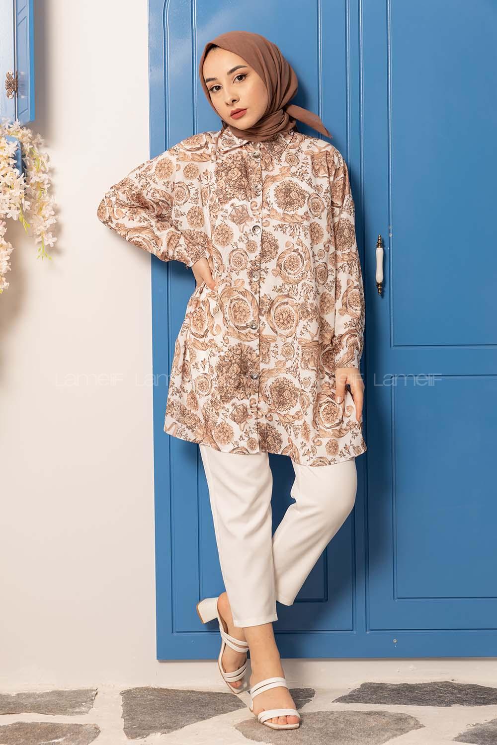 Modalamelif Gül Desen Dijital Baskı Gömlek Ekru Vizonrengi