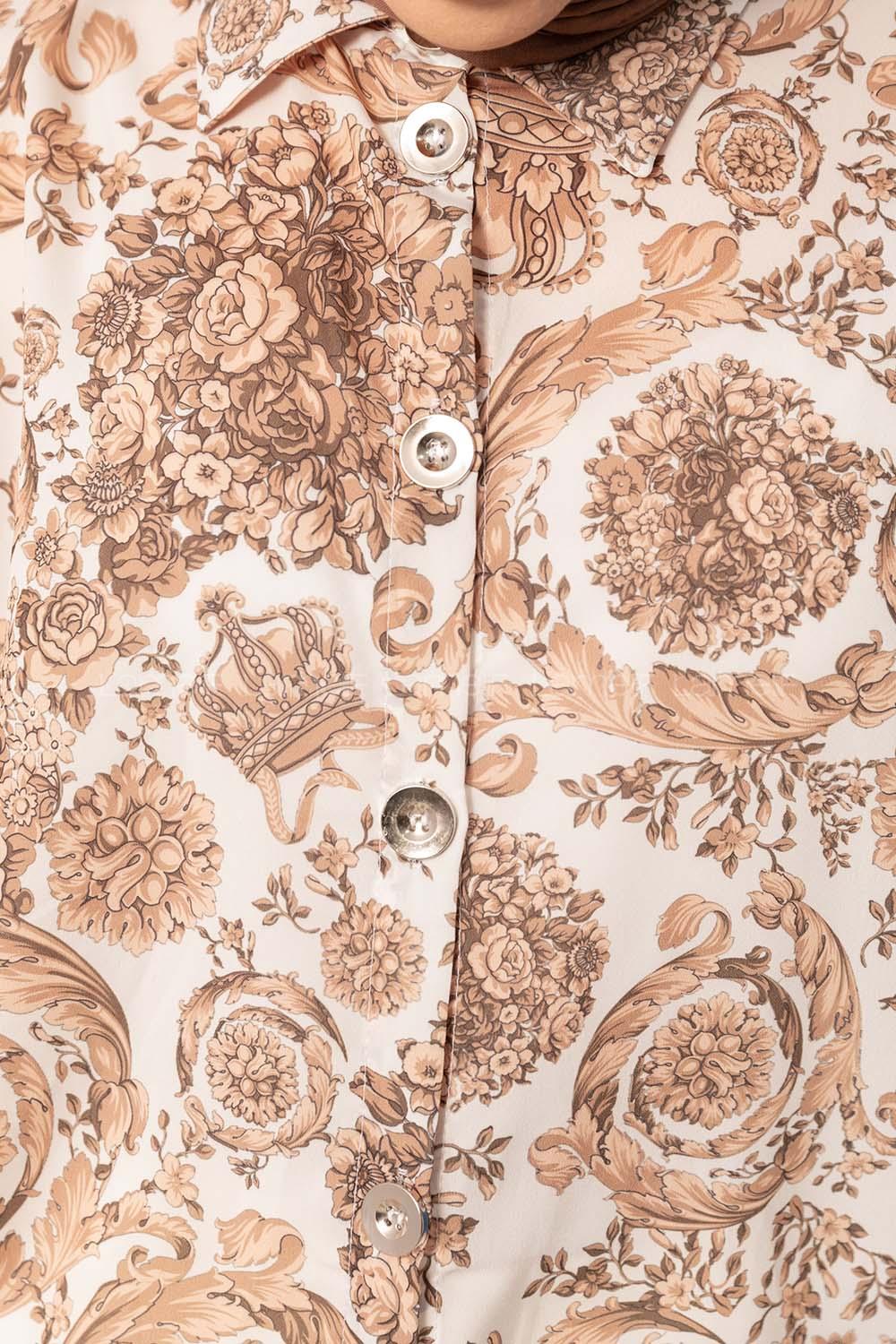 Modalamelif Gül Desen Dijital Baskı Gömlek Ekru Vizonrengi