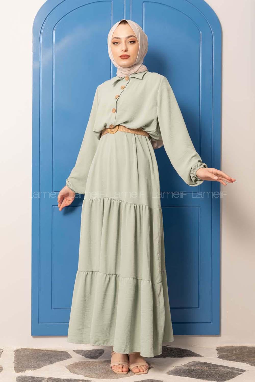 Modalamelif Hasır Kemerli Fırfırlı Elbise Çağla Yeşili