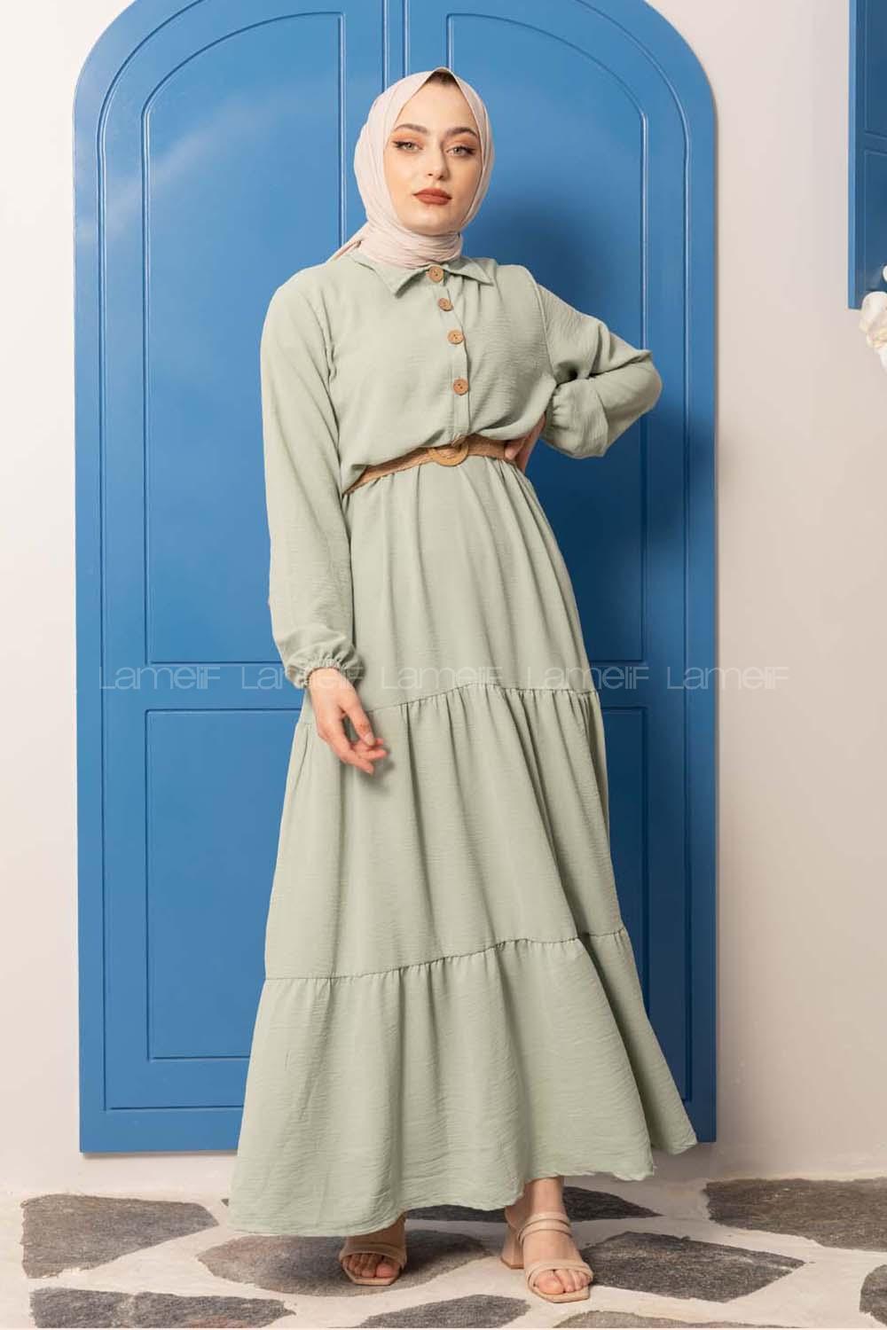 Modalamelif Hasır Kemerli Fırfırlı Elbise Çağla Yeşili