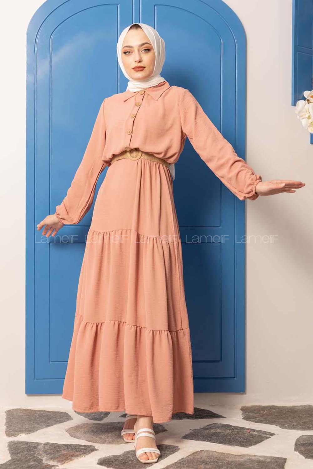 Modalamelif Hasır Kemerli Fırfırlı Elbise Pudra