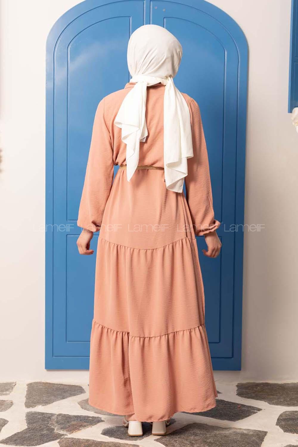 Modalamelif Hasır Kemerli Fırfırlı Elbise Pudra