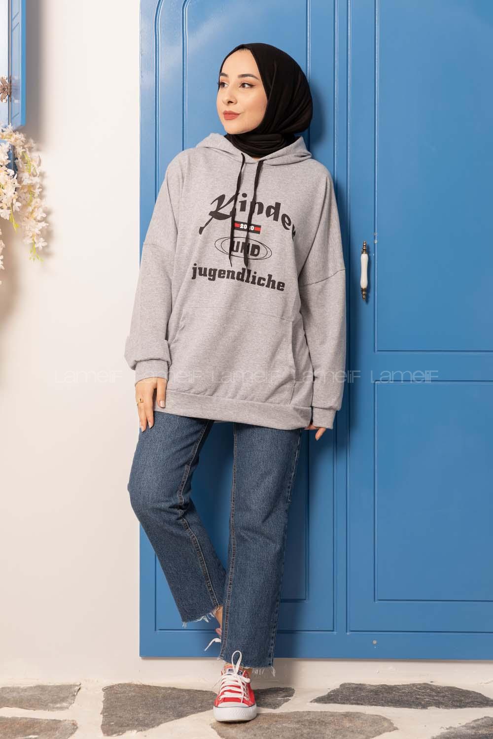 Modalamelif Kapşonlu Kinder Baskılı Sweatshirt Gri