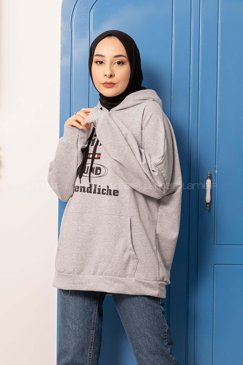 Modalamelif Kapşonlu Kinder Baskılı Sweatshirt Gri