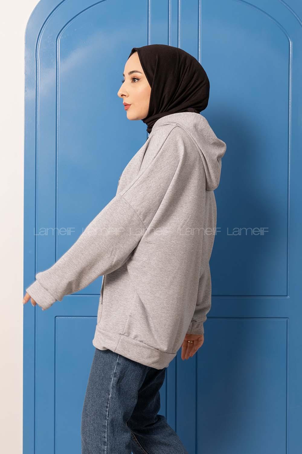 Modalamelif Kapşonlu Kinder Baskılı Sweatshirt Gri