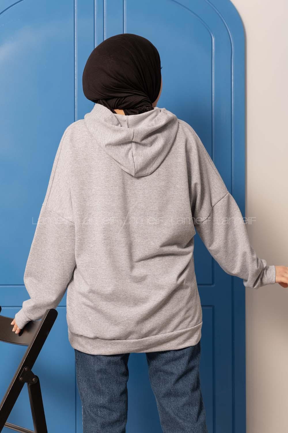 Modalamelif Kapşonlu Kinder Baskılı Sweatshirt Gri