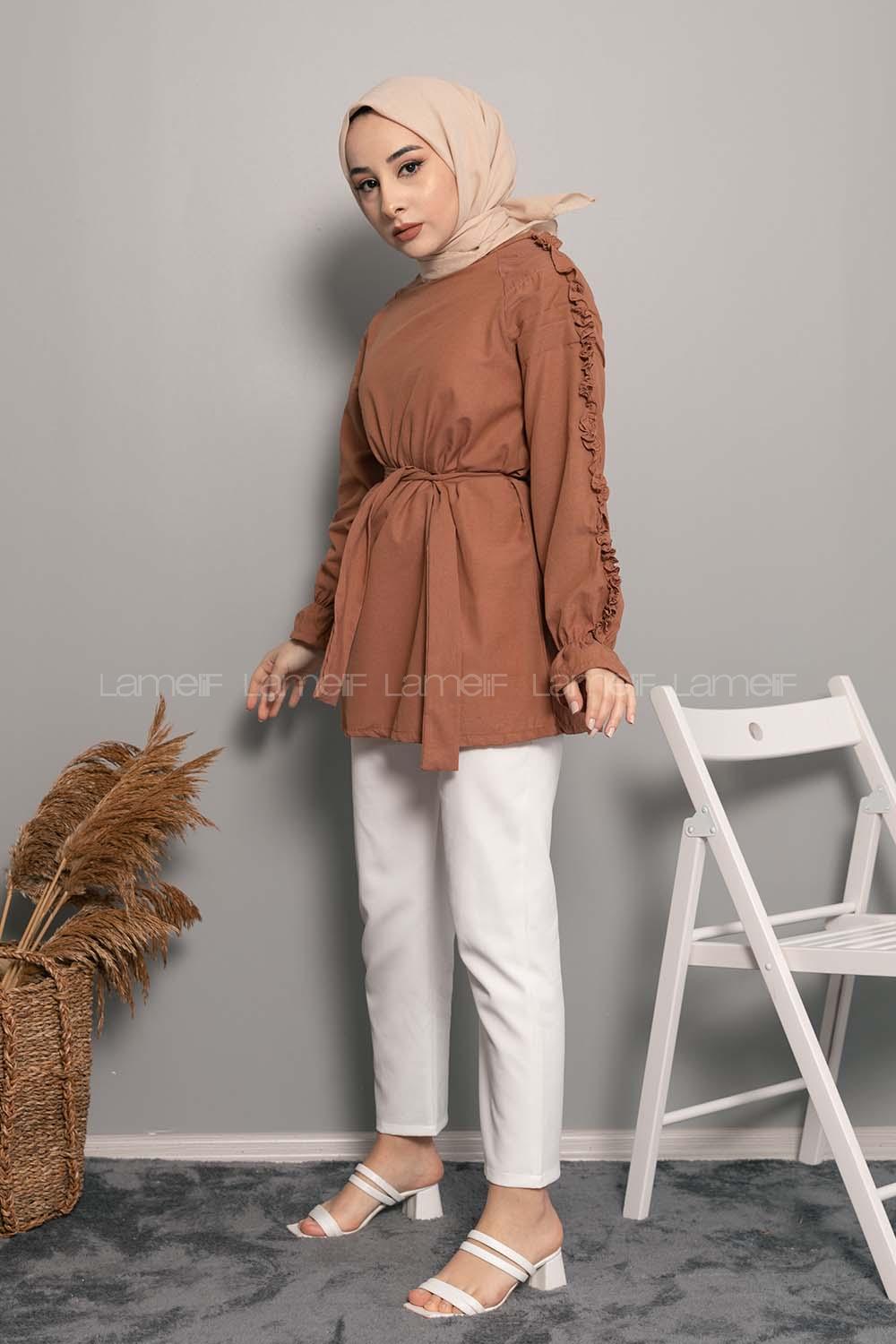 Modalamelif Omuz Fırfırlı Kuşaklı Tunik Acık Kahve