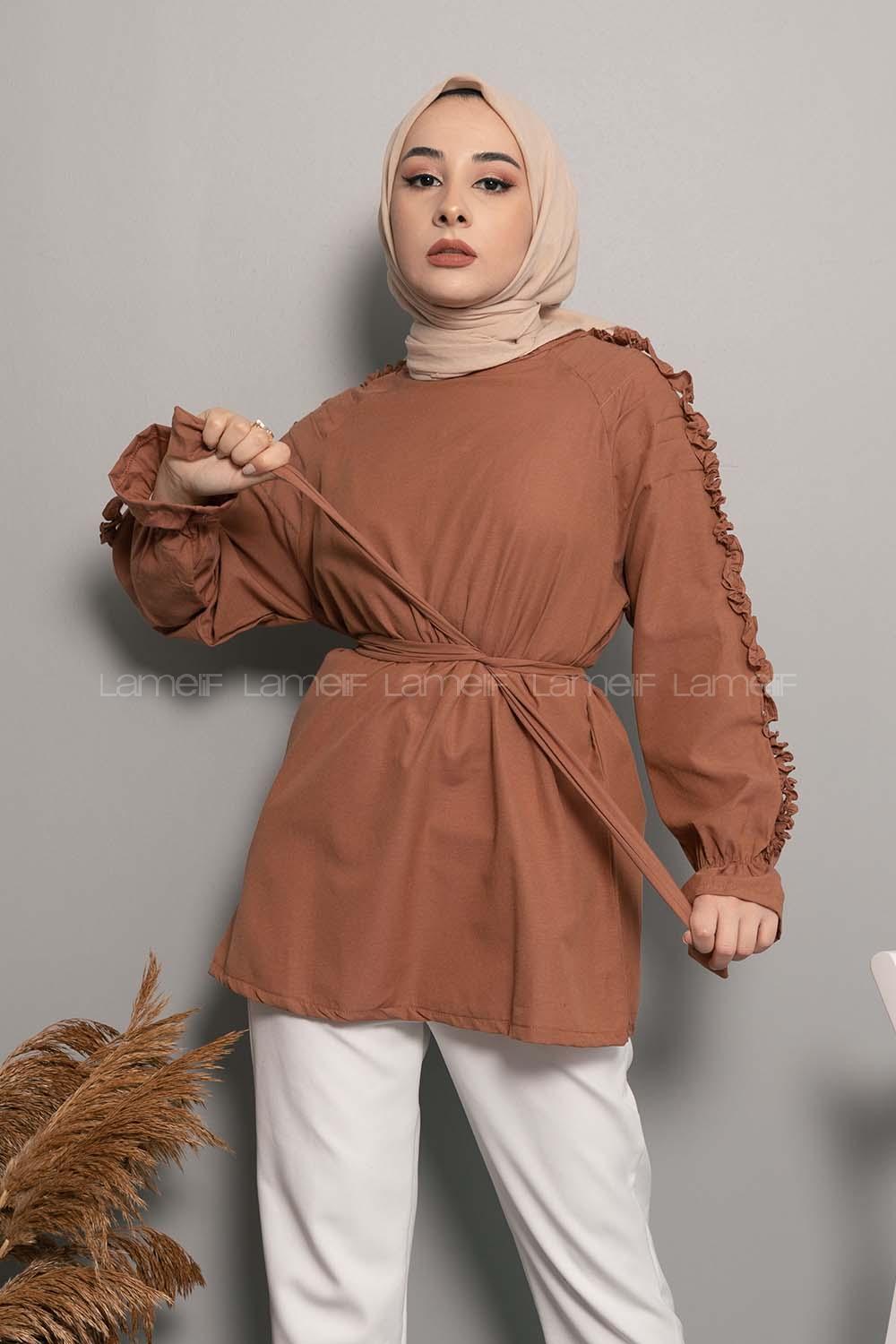 Modalamelif Omuz Fırfırlı Kuşaklı Tunik Acık Kahve