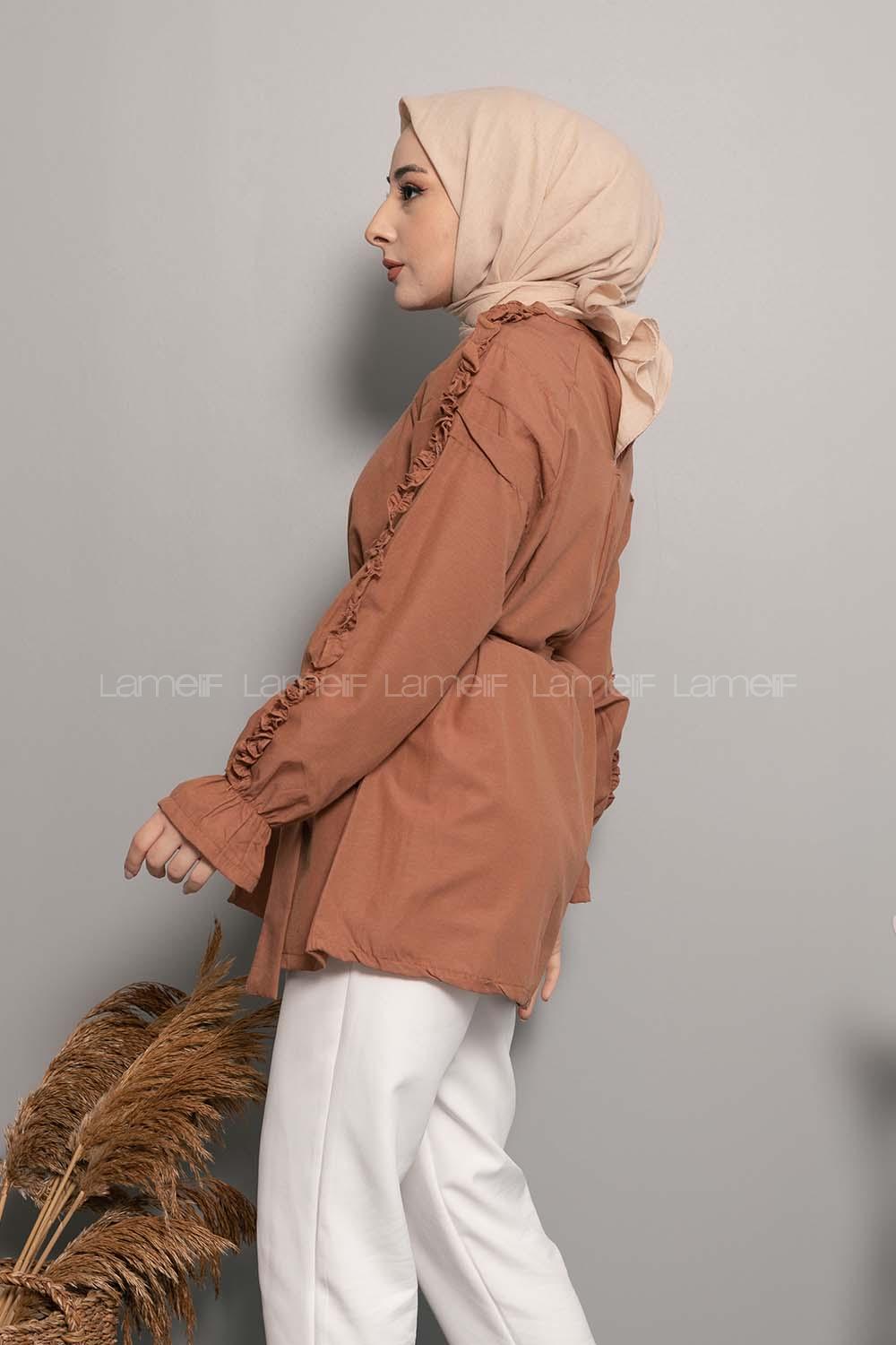 Modalamelif Omuz Fırfırlı Kuşaklı Tunik Acık Kahve