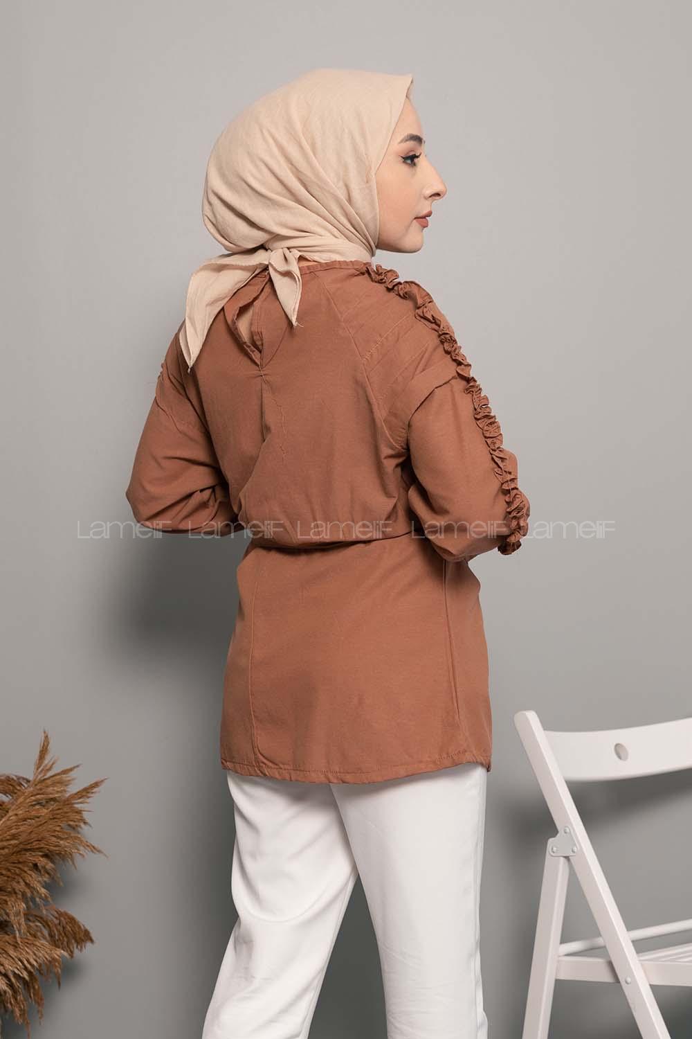 Modalamelif Omuz Fırfırlı Kuşaklı Tunik Acık Kahve