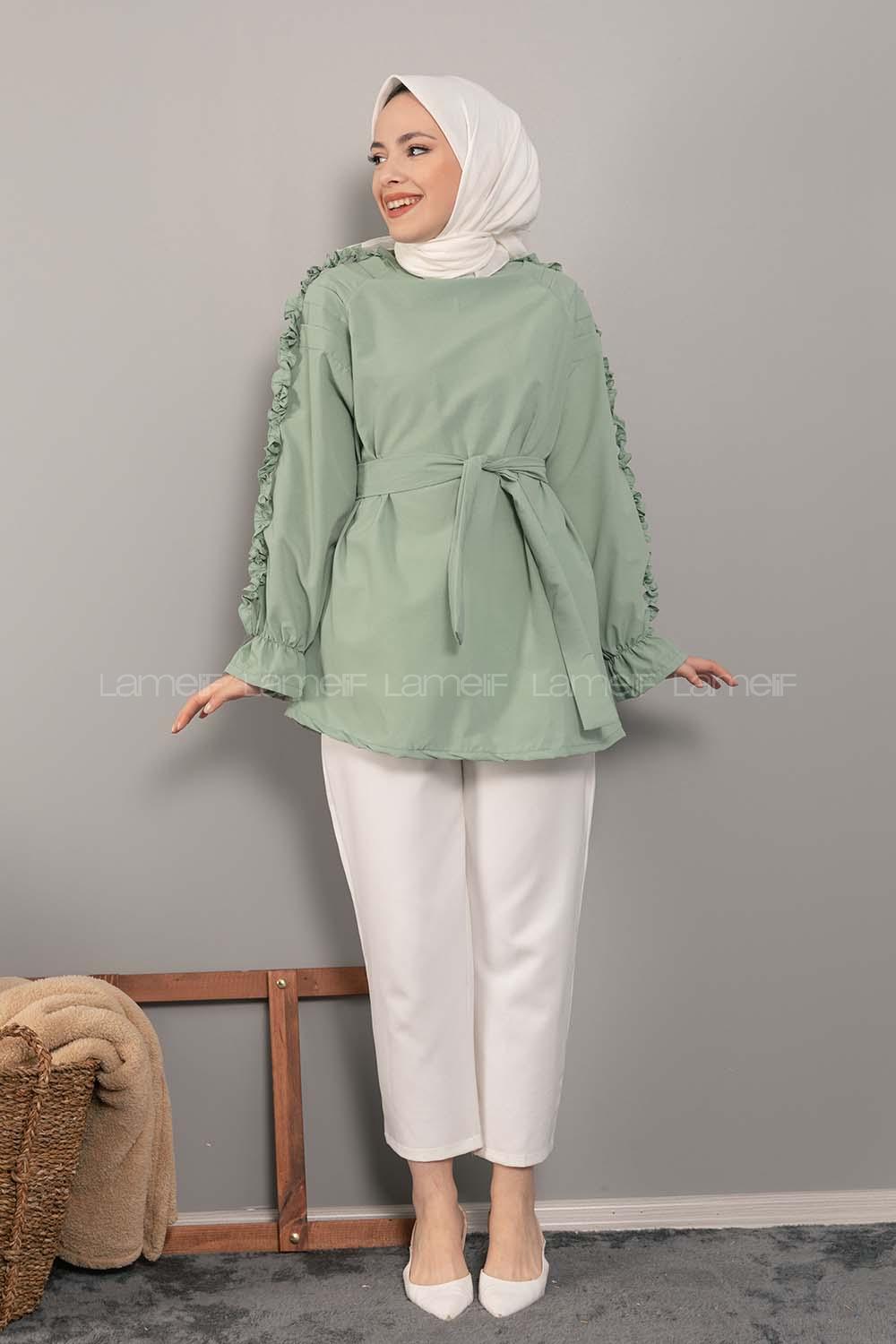 Modalamelif Omuz Fırfırlı Kuşaklı Tunik Çağla Yeşili