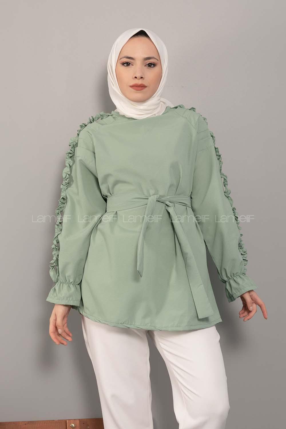 Modalamelif Omuz Fırfırlı Kuşaklı Tunik Çağla Yeşili