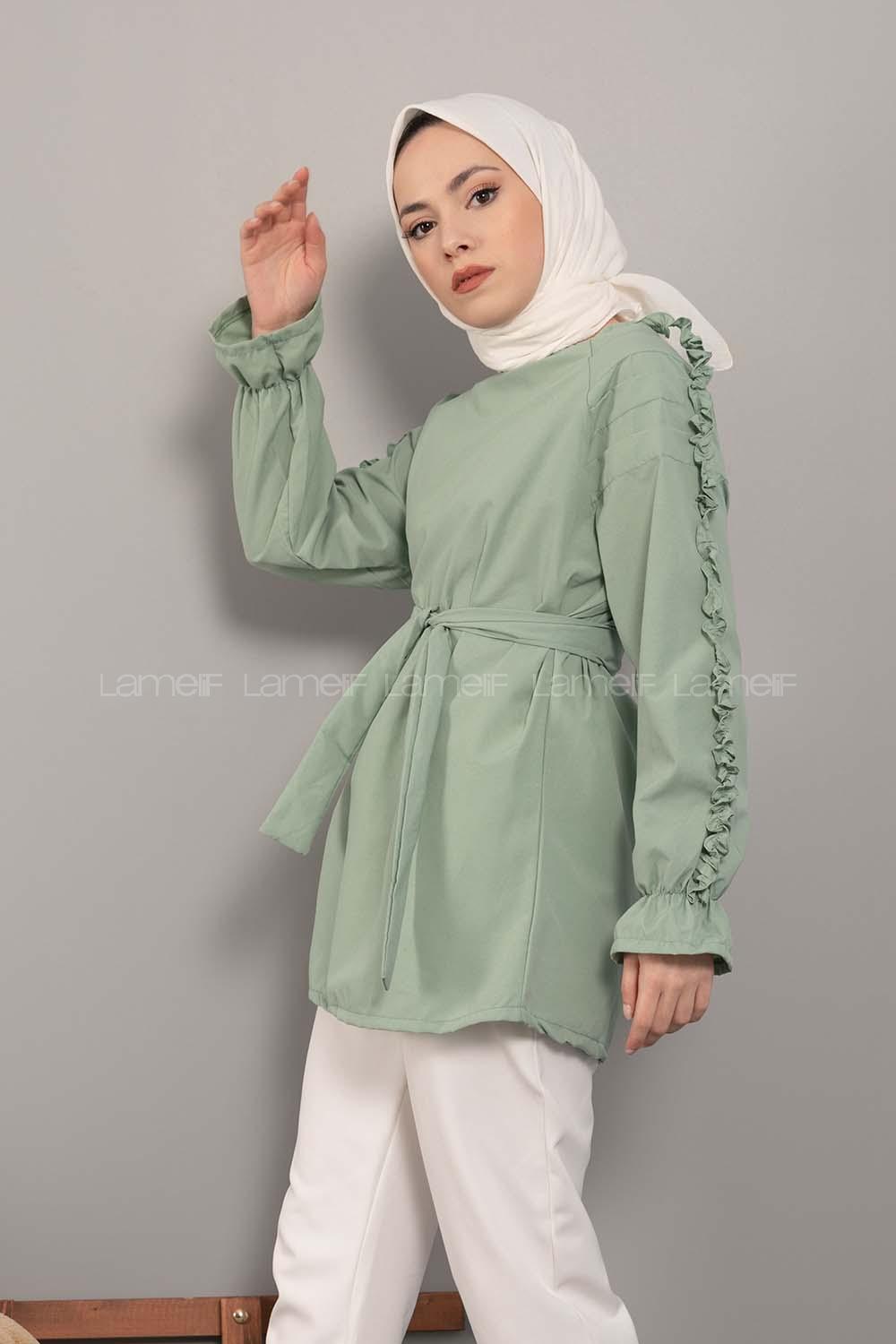 Modalamelif Omuz Fırfırlı Kuşaklı Tunik Çağla Yeşili