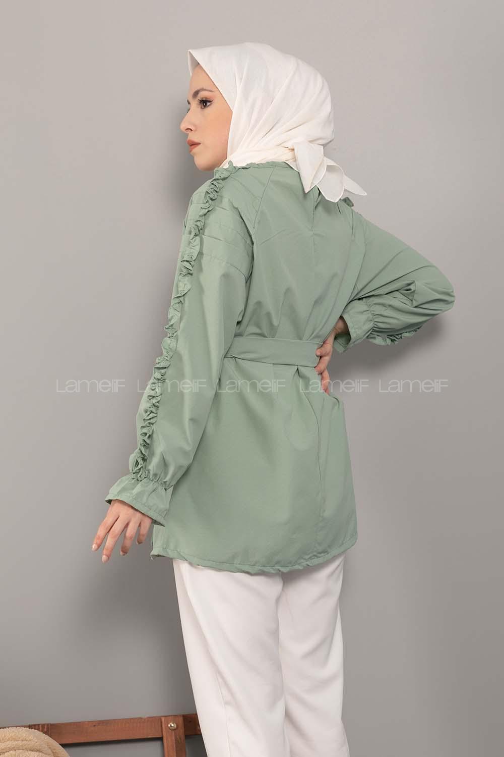 Modalamelif Omuz Fırfırlı Kuşaklı Tunik Çağla Yeşili