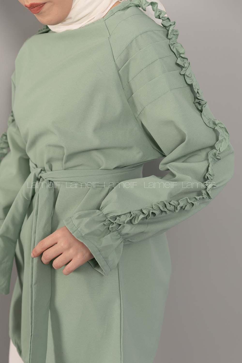 Modalamelif Omuz Fırfırlı Kuşaklı Tunik Çağla Yeşili