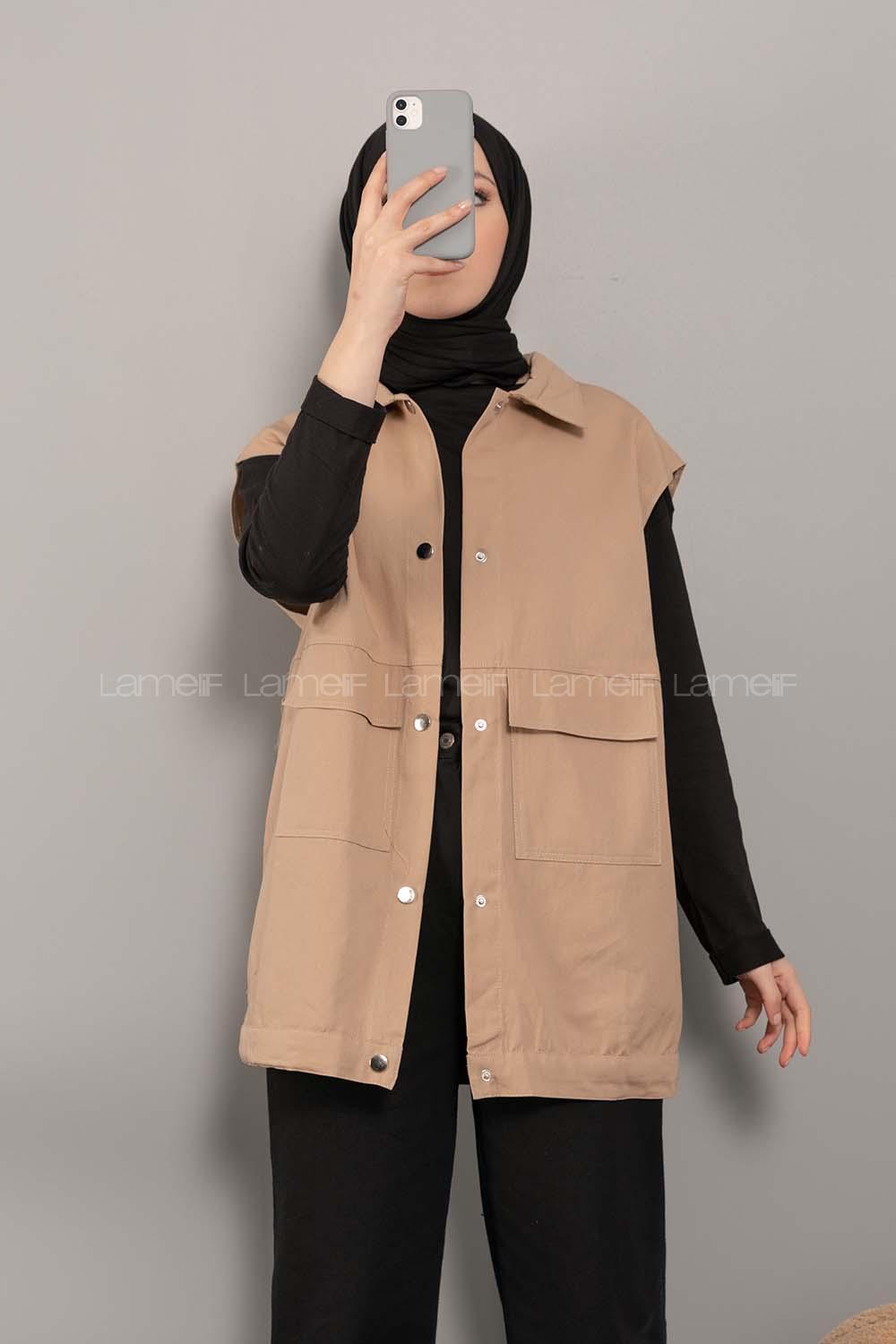 Lamelif Önü Çıtçıt Düğmeli Yelek Sütlü Kahve