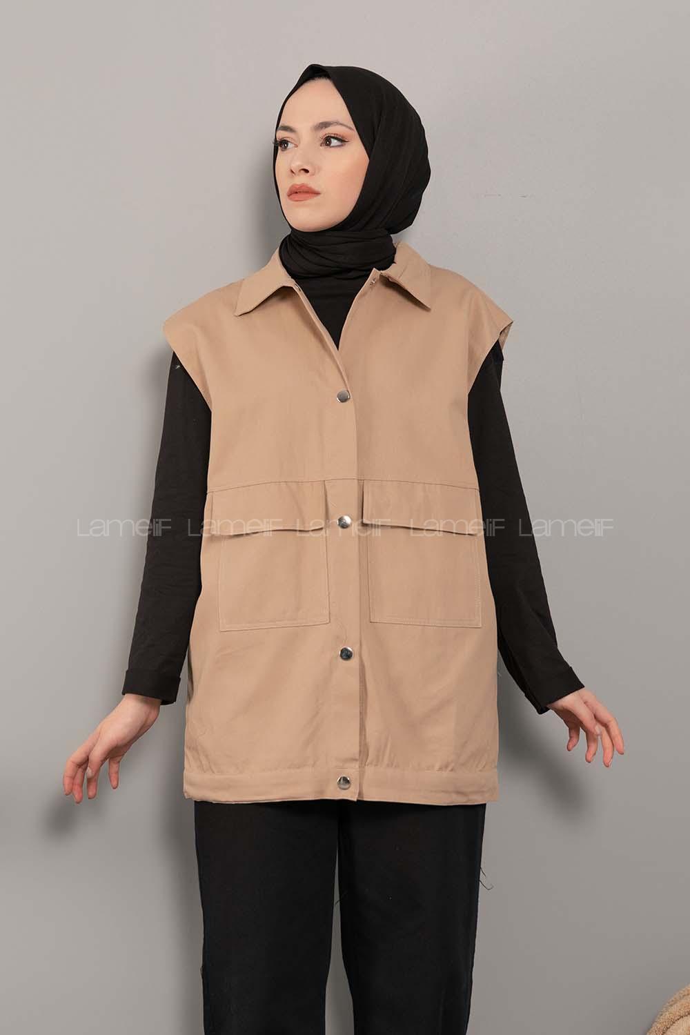 Lamelif Önü Çıtçıt Düğmeli Yelek Sütlü Kahve