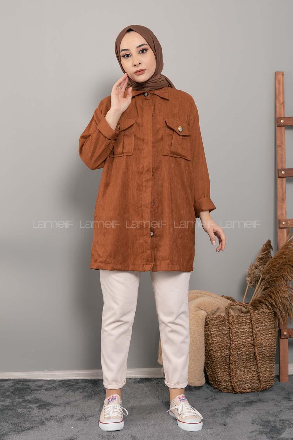 Modalamelif Önü Düğmeli Çift Cepli Gömlek Taba