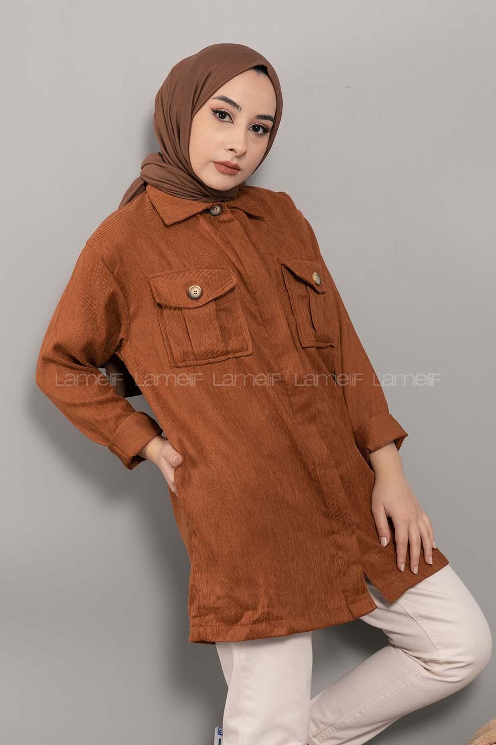 Modalamelif Önü Düğmeli Çift Cepli Gömlek Taba