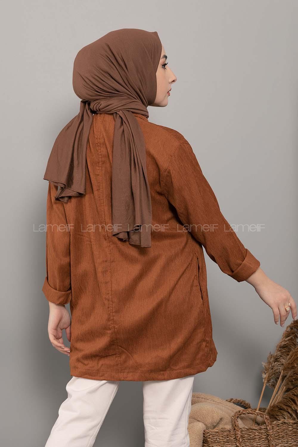 Modalamelif Önü Düğmeli Çift Cepli Gömlek Taba