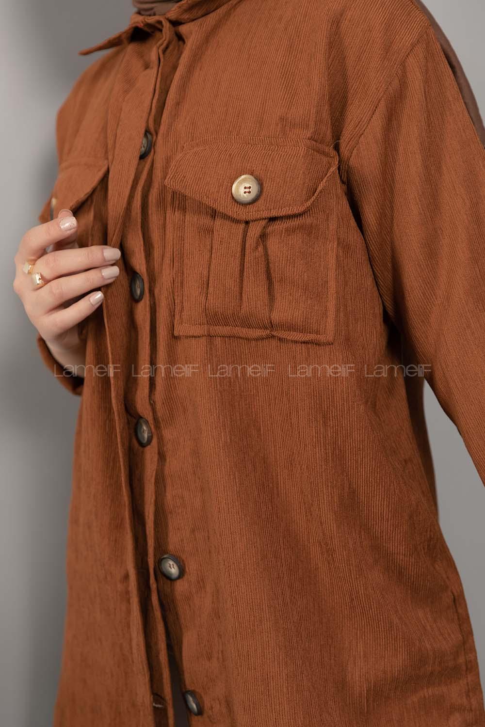 Modalamelif Önü Düğmeli Çift Cepli Gömlek Taba