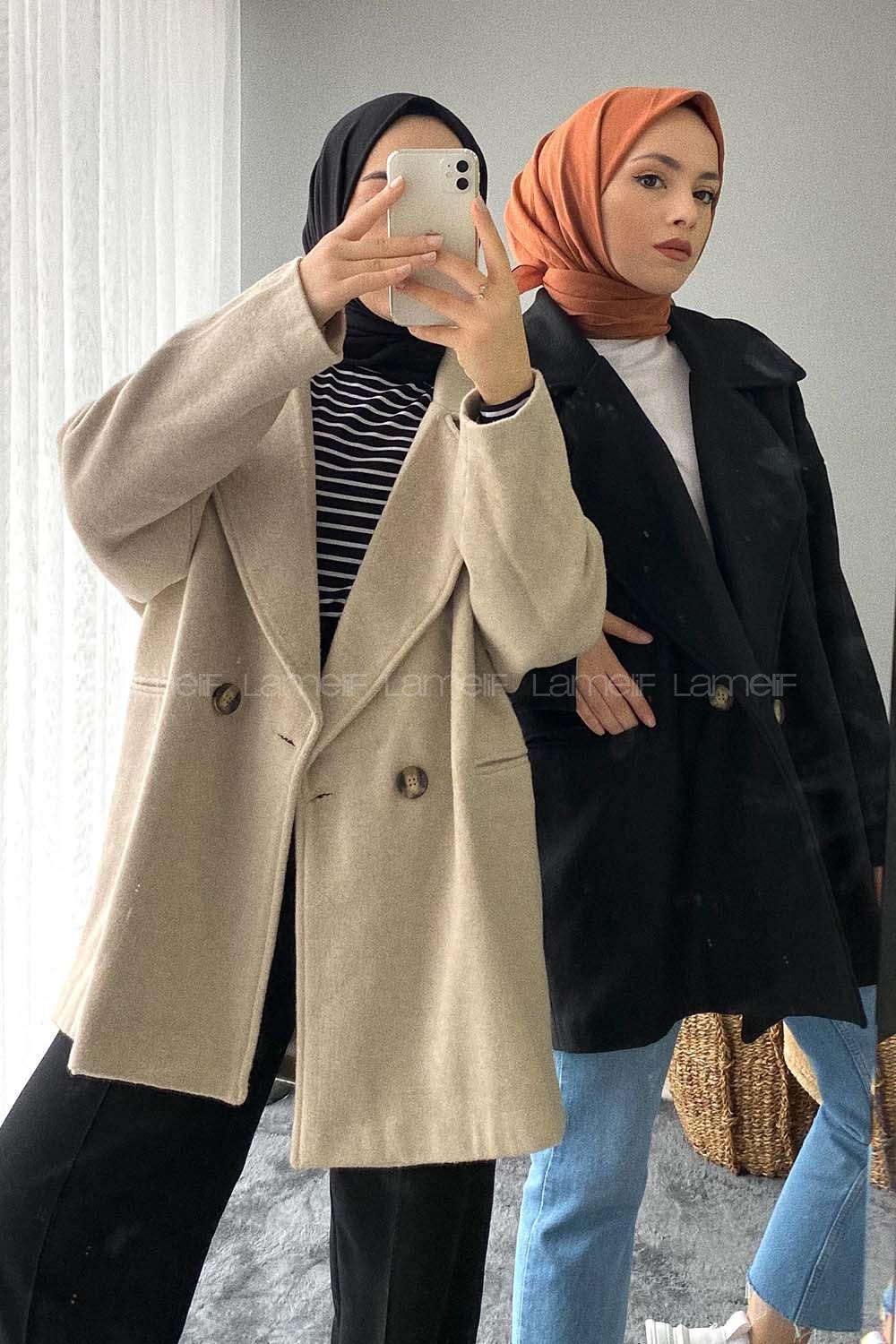 Modalamelif Oversize Kaşe Kaban Siyah