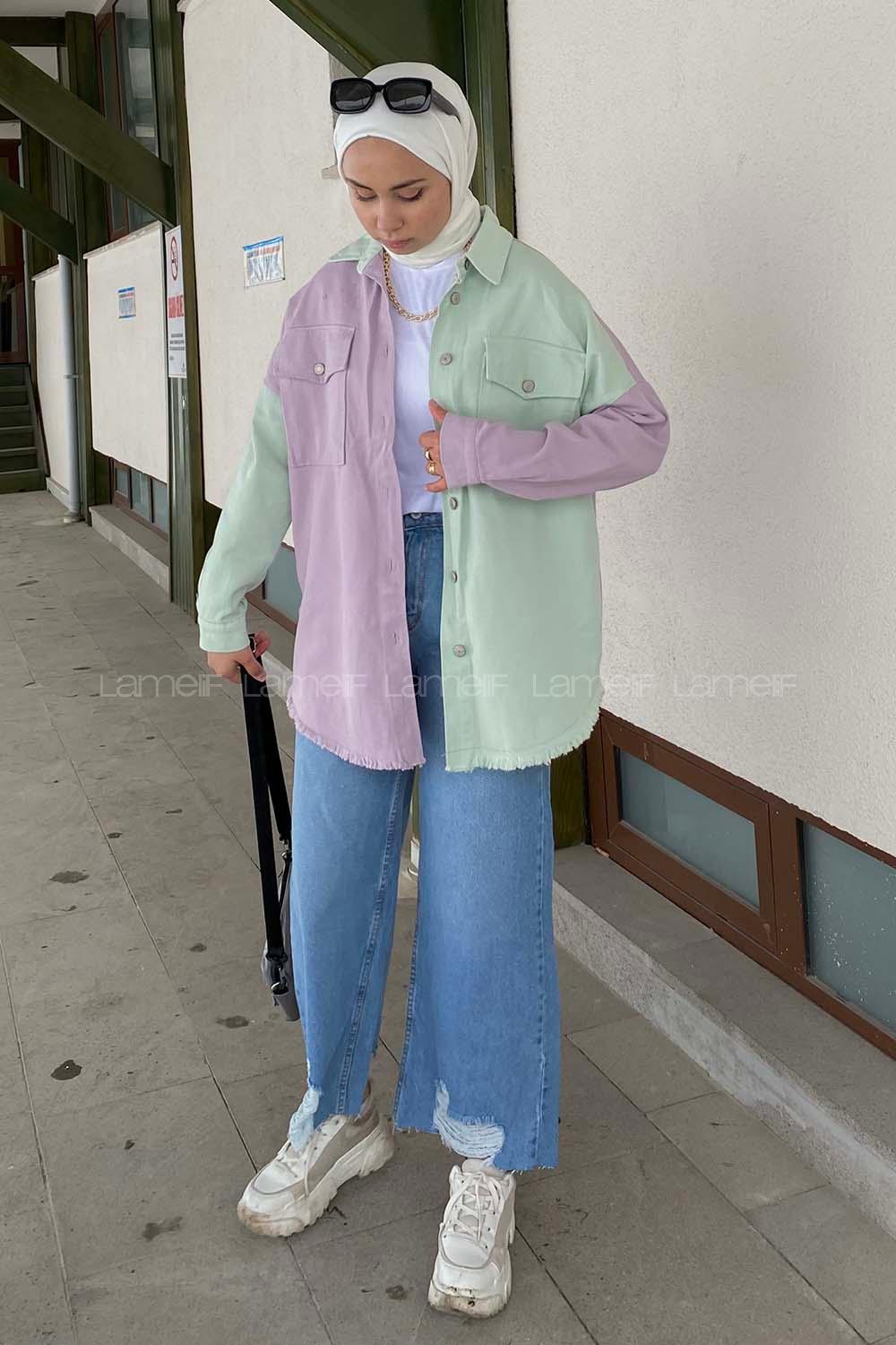 Modalamelif Renk Geçişli Gabardin Gömlek Ceket Lila Mint