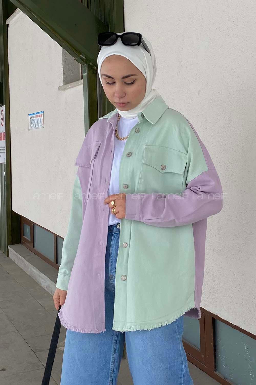 Modalamelif Renk Geçişli Gabardin Gömlek Ceket Lila Mint