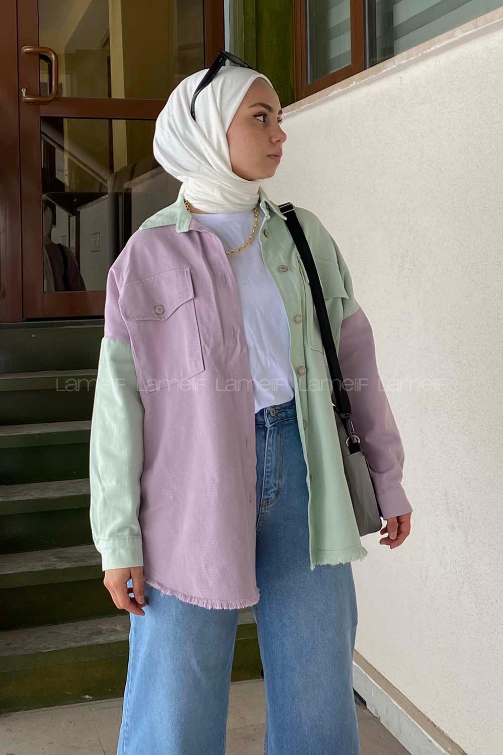 Modalamelif Renk Geçişli Gabardin Gömlek Ceket Lila Mint