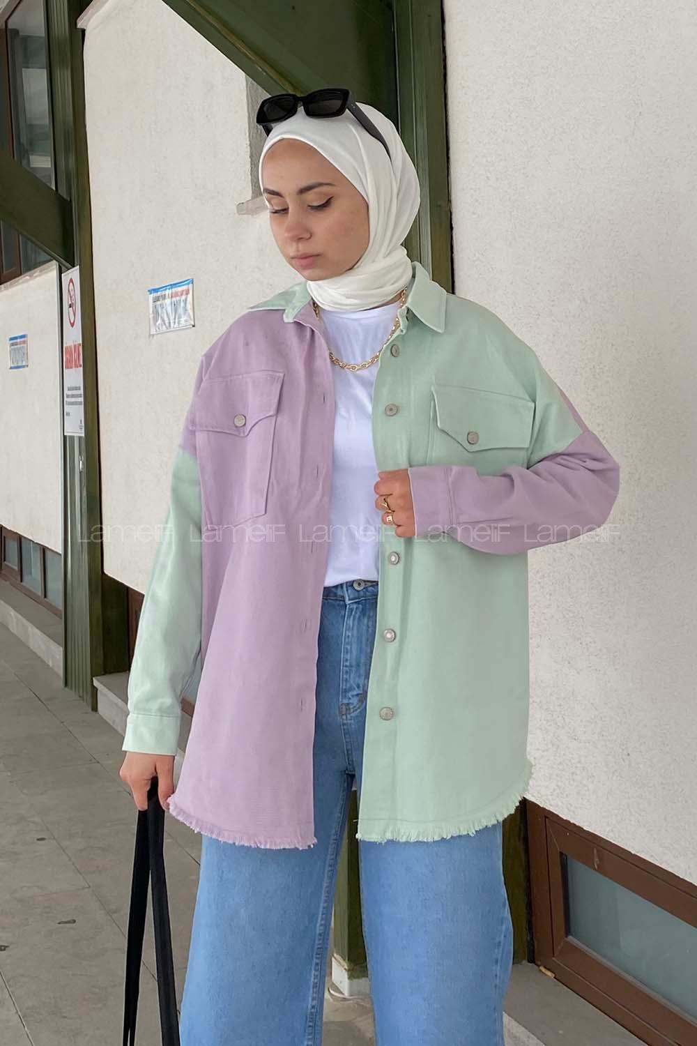 Modalamelif Renk Geçişli Gabardin Gömlek Ceket Lila Mint