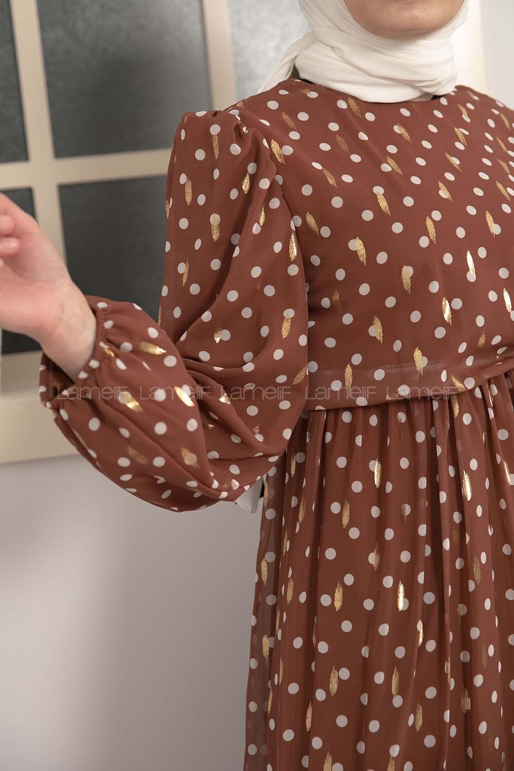 Modalamelif Bel Lastik  Puantiye Desen Elbise Acı Kahve