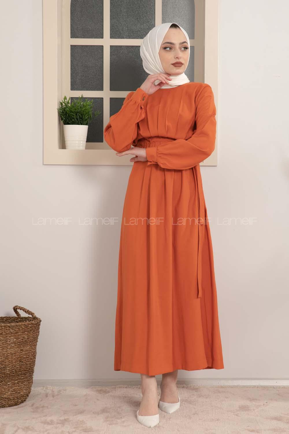 Modalamelif Beli Tunelli Yan Bağlamalı Elbise Kiremit