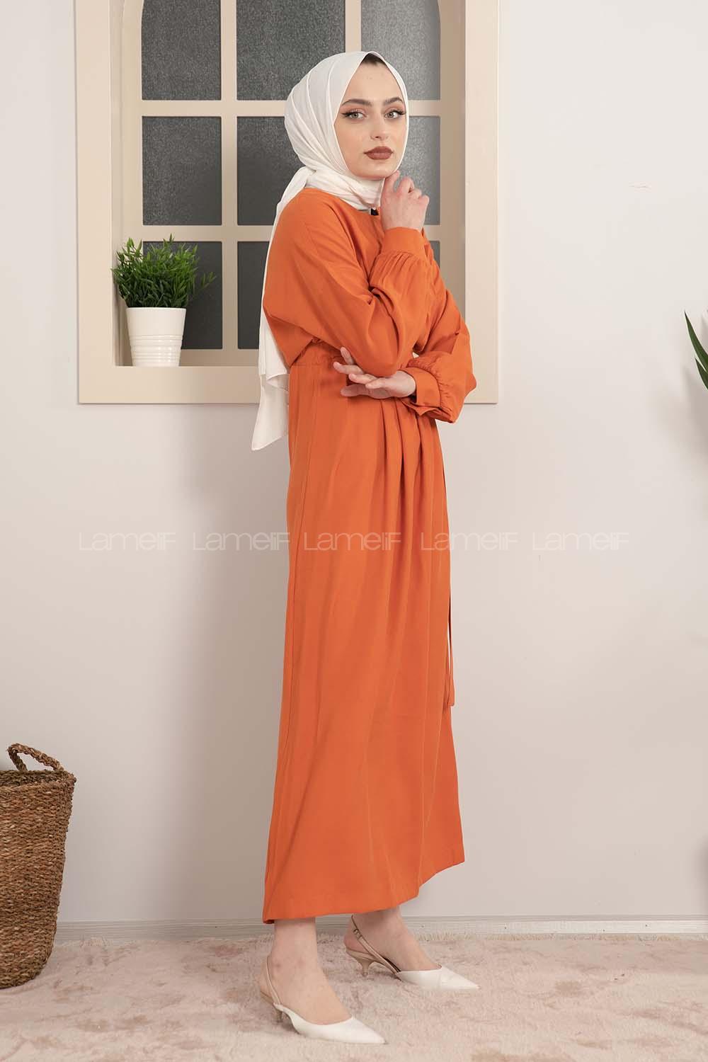 Modalamelif Beli Tunelli Yan Bağlamalı Elbise Kiremit