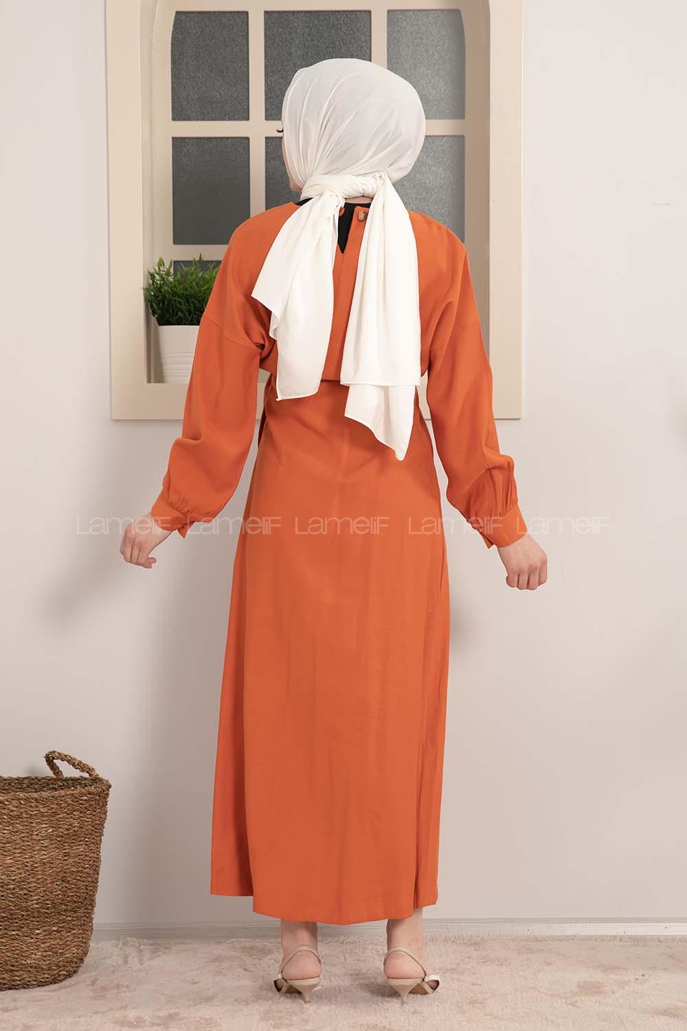 Modalamelif Beli Tunelli Yan Bağlamalı Elbise Kiremit