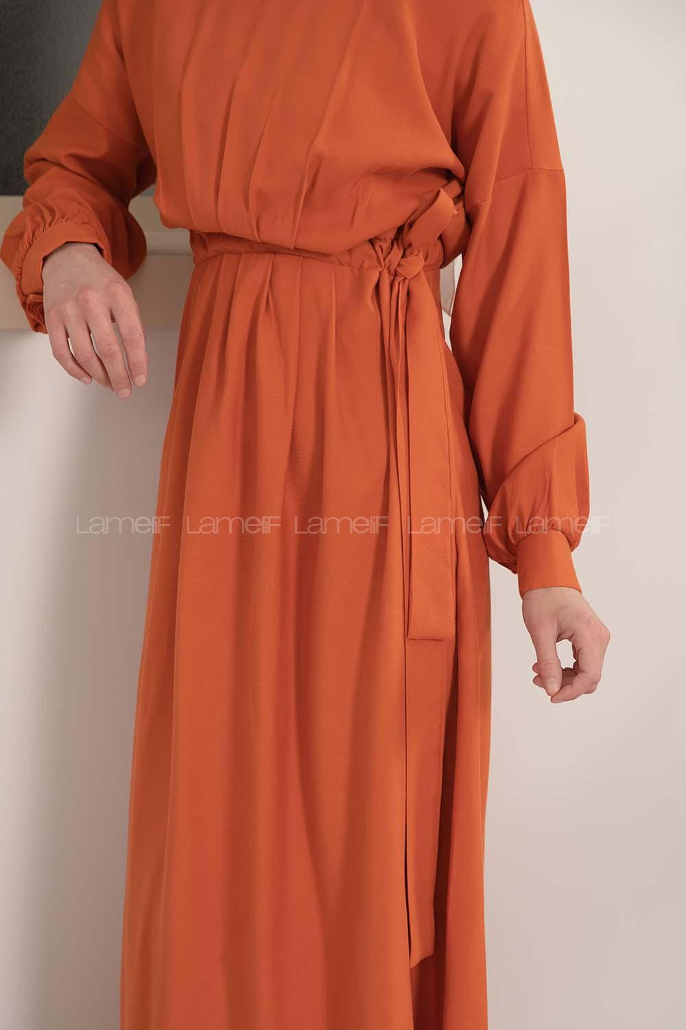 Modalamelif Beli Tunelli Yan Bağlamalı Elbise Kiremit