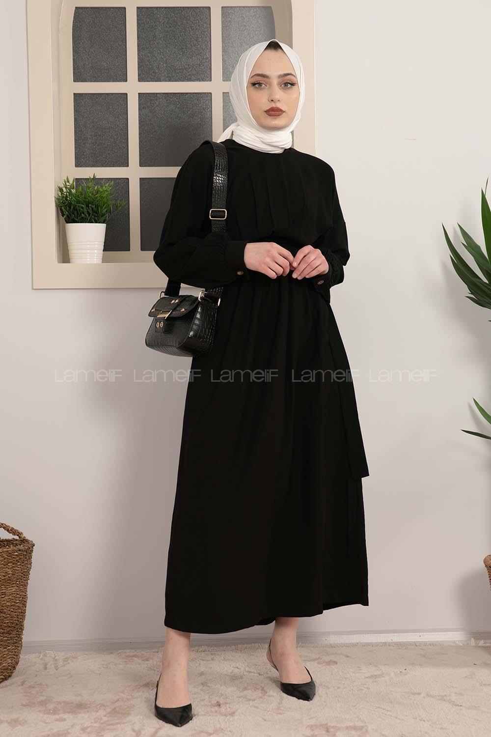 Modalamelif Beli Tunelli Yan Bağlamalı Elbise Siyah